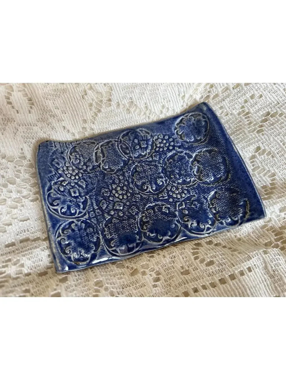 Handmade Blue Ceramic Decorative Tray with Textured Design